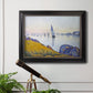 Impressionist coastal harbor at dusk by Paul Signac in an ornate black frame with gilded inner detail displayed in a light-toned interior setting.