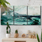 Three-panel canvas wall art featuring coastal abstract sea foam movement, displayed in a boho-chic entryway above a console table.