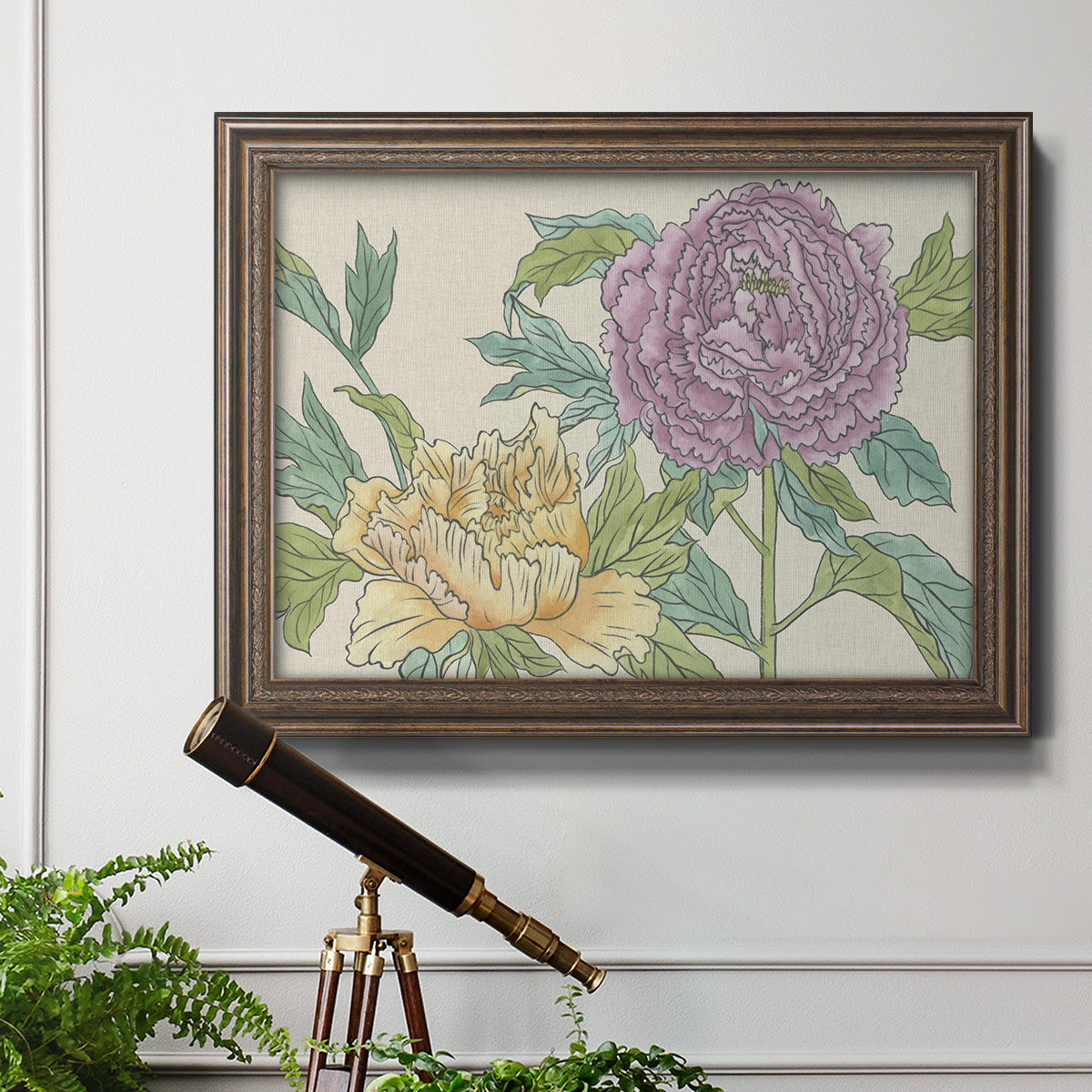 Contemporary peony flower illustration in an ornate traditional bronze frame displayed in a light-toned interior setting.