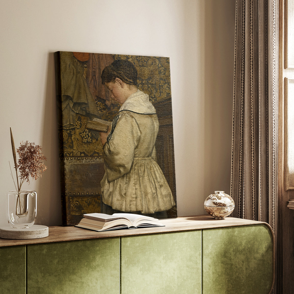 Canvas art print of a gentle composition with a seated child and warm light styled in a home decor setting.