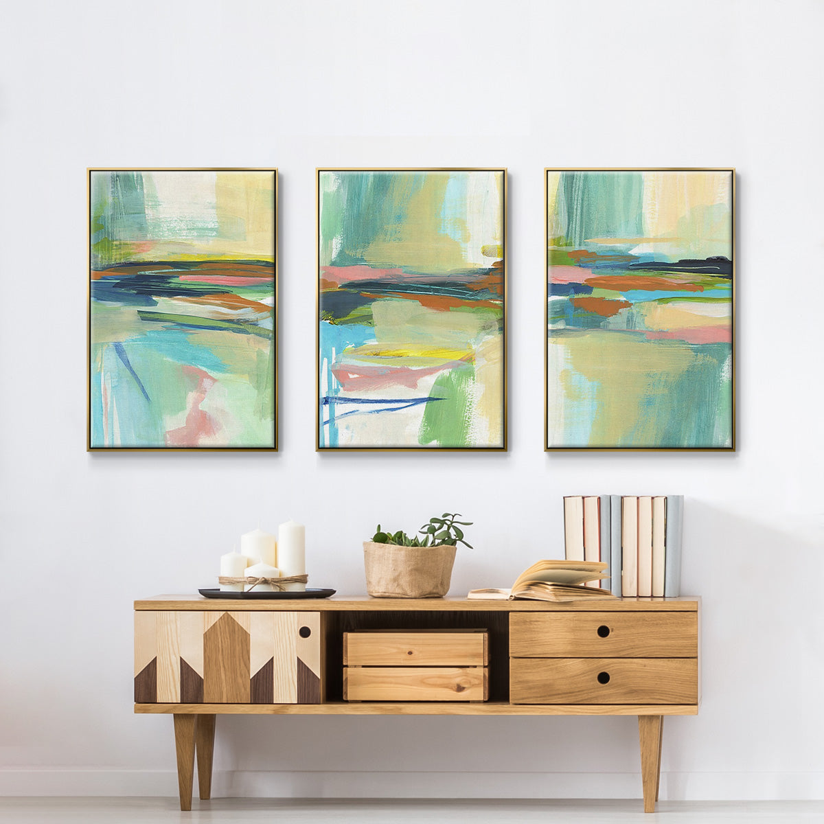 Radiant Horizon I - Framed Premium Gallery Wrapped Canvas L Frame 3 Piece Set - Ready to Hang