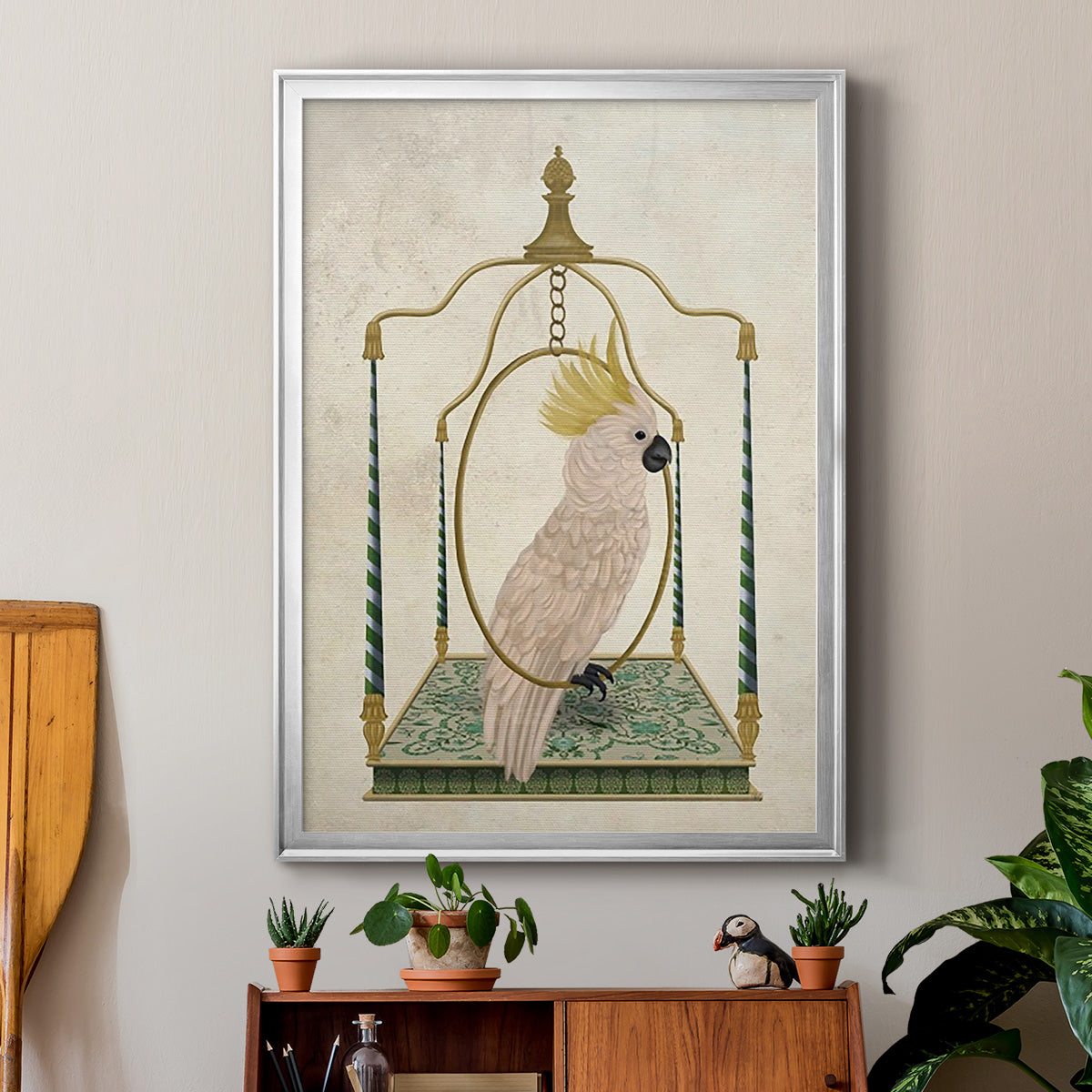 White Cockatoo on Swing - Modern Framed Canvas Print