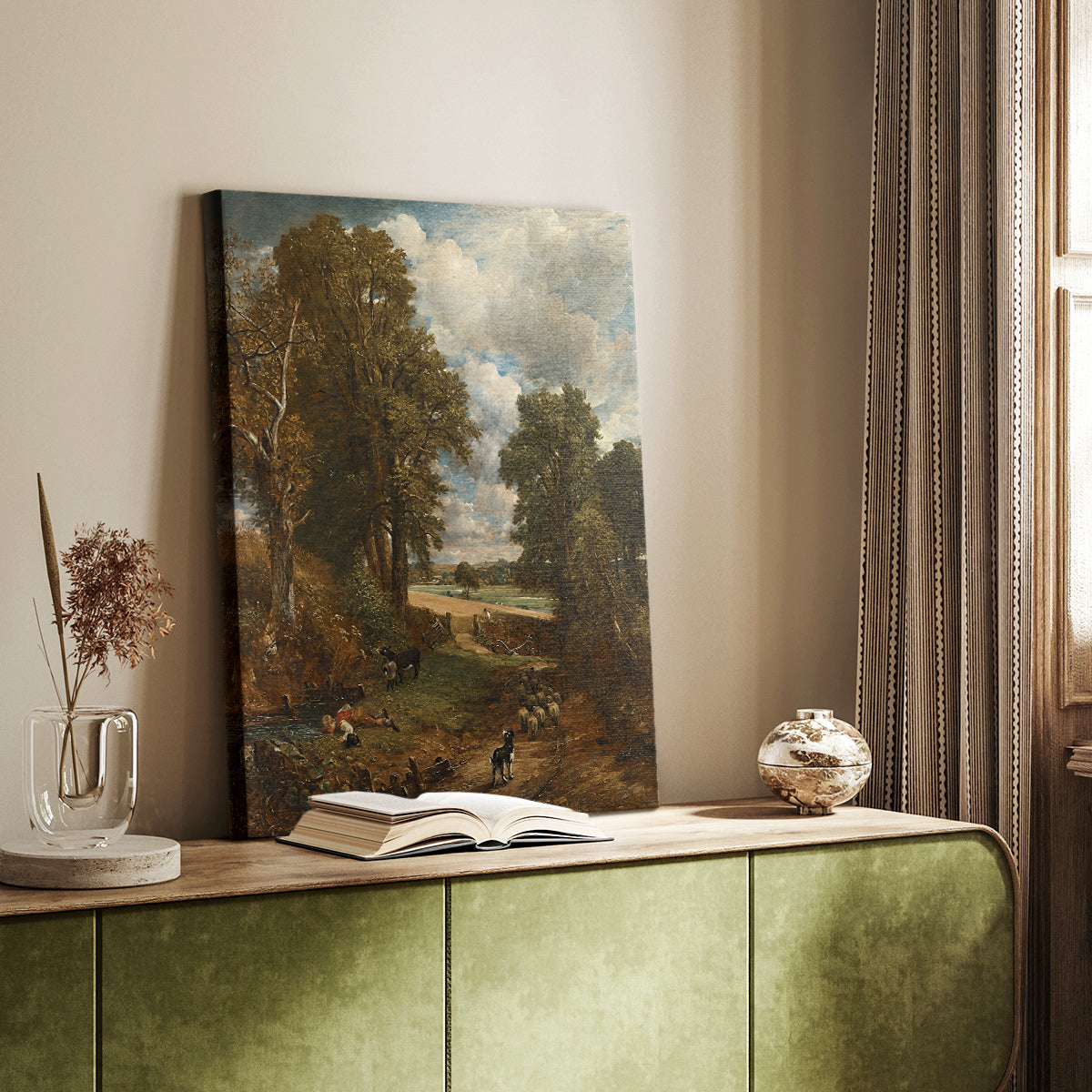 Canvas art print of a countryside scene with path, trees, and open sky styled in a home decor setting.