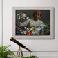 Traditional portrait of a woman holding peonies by Frédéric Bazille in an ornate weathered white frame displayed in a light-toned interior setting.