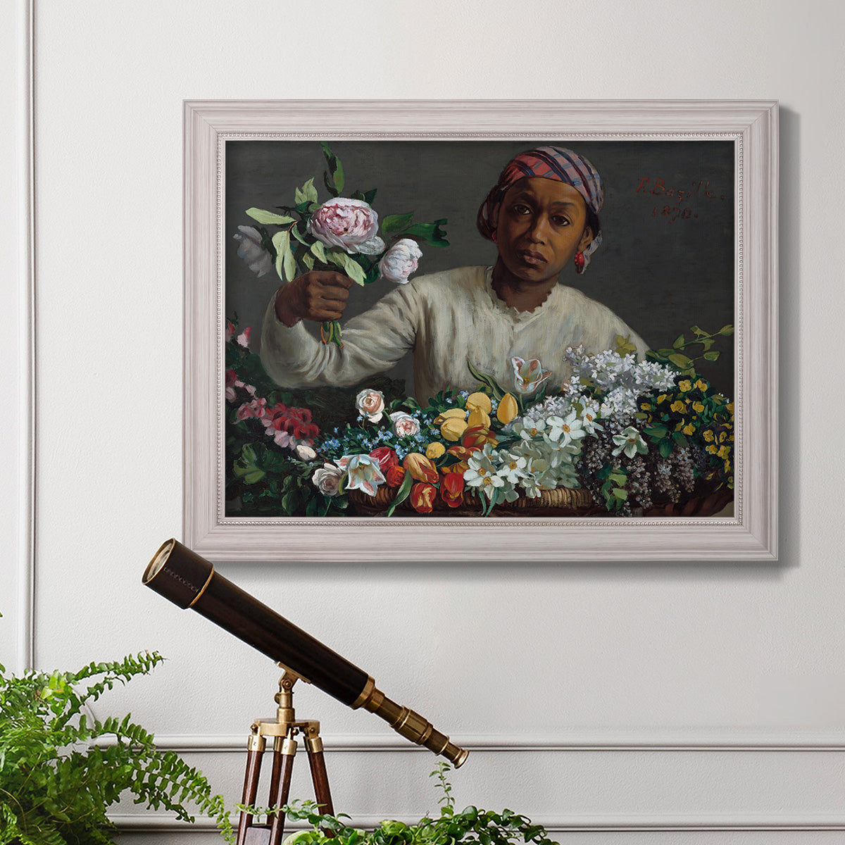 Traditional portrait of a woman holding peonies by Frédéric Bazille in an ornate weathered white frame displayed in a light-toned interior setting.