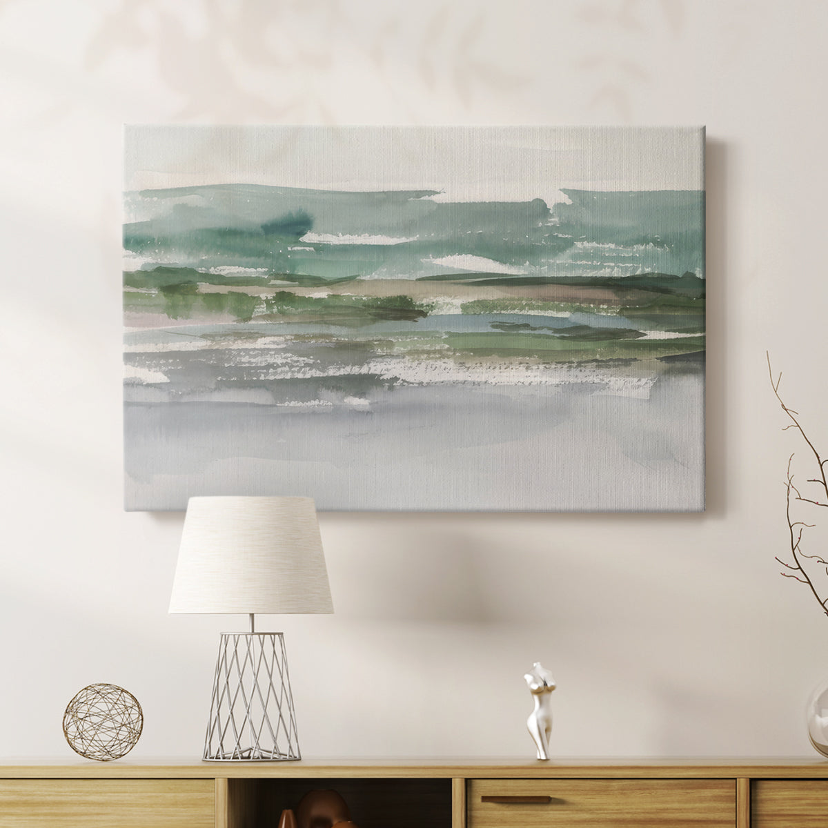 Abstract landscape depicting serene water and rolling hills under soft, muted tones capturing peaceful natural beauty