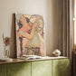 Canvas art print of a stylized female figure surrounded by intricate floral patterns styled in a home decor setting.
