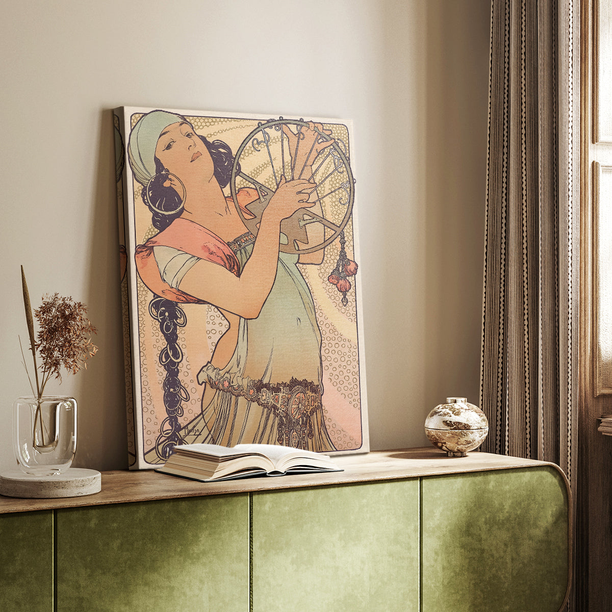 Canvas art print of a stylized female figure surrounded by intricate floral patterns styled in a home decor setting.
