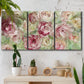 Three-panel canvas wall art featuring blooming climbing rose, displayed in a boho-chic entryway above a console table.