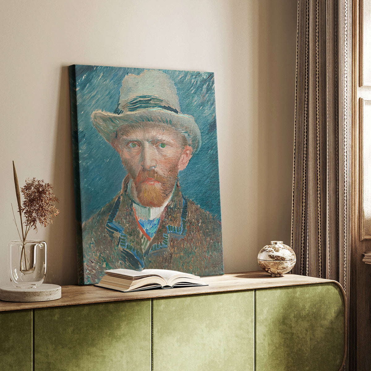 Canvas art print of a stylized figure with subtle color shifts and detailed strokes styled in a home decor setting.