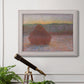 Impressionist haystack sunset scene in winter by Claude Monet in an ornate weathered white frame displayed in a light-toned interior setting.