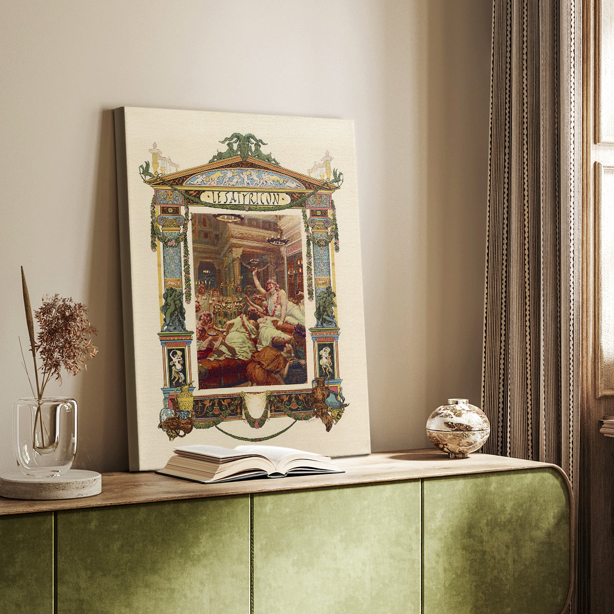 Canvas art print of a lively composition with figures gathered around a table styled in a home decor setting.