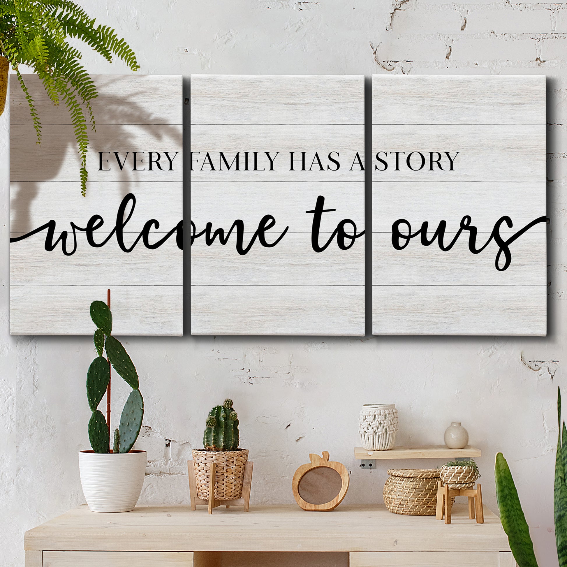 Three-panel canvas wall art featuring tropical beach at sunset photograph, displayed in a boho-chic entryway above a console table.
