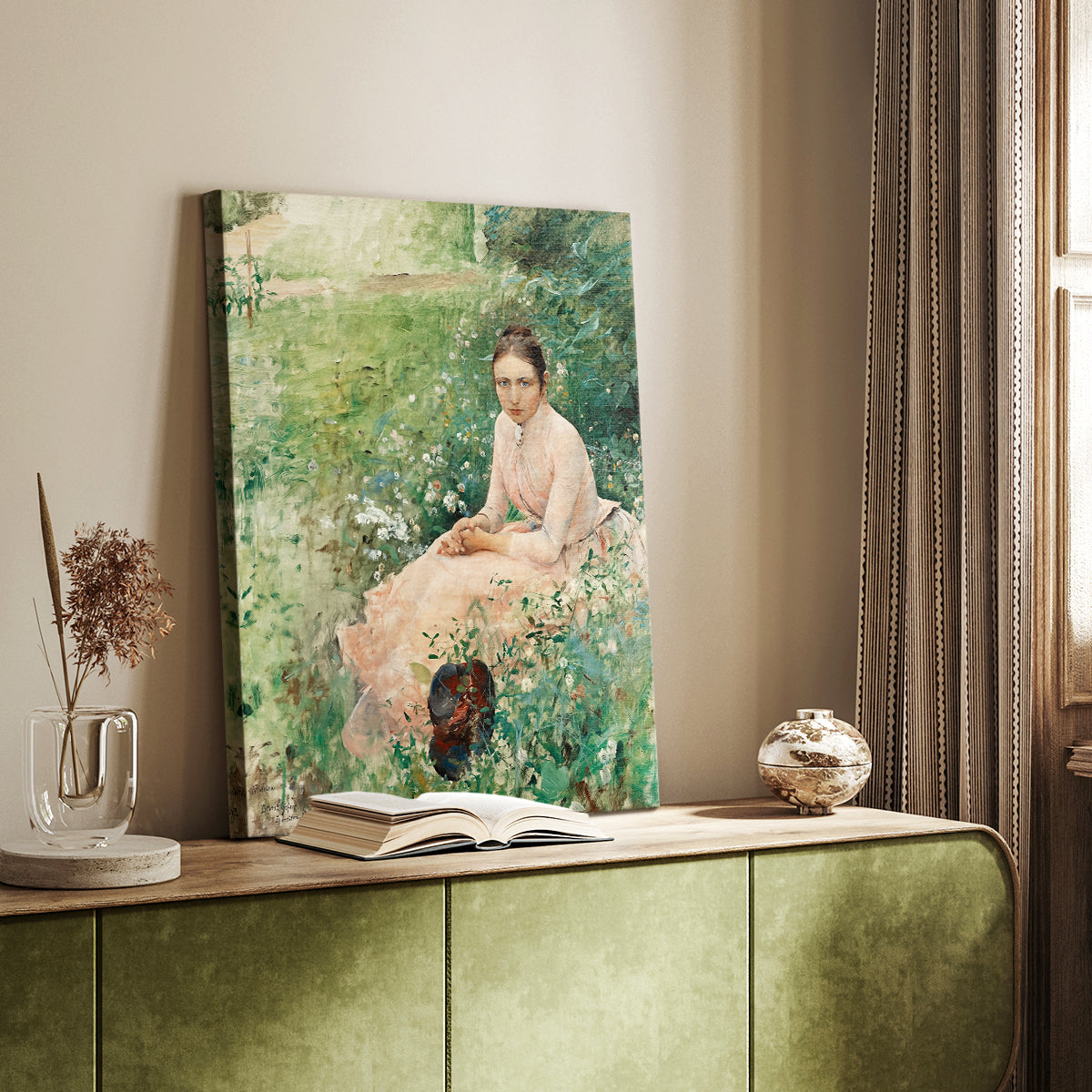 Canvas art print of a figure resting in greenery with soft tones and natural light styled in a home decor setting.