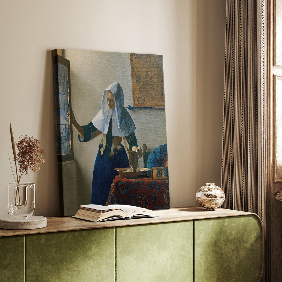 Canvas art print of a calm scene with soft light and simple domestic setting styled in a home decor setting.
