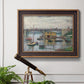 Impressionist river bridge scene on an overcast day by Claude Monet in an ornate bronzed mahogany wood frame displayed in a light-toned interior setting.