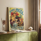 Canvas art print of a vintage advertisement featuring a stylized woman and decorative typography styled in a home decor setting.
