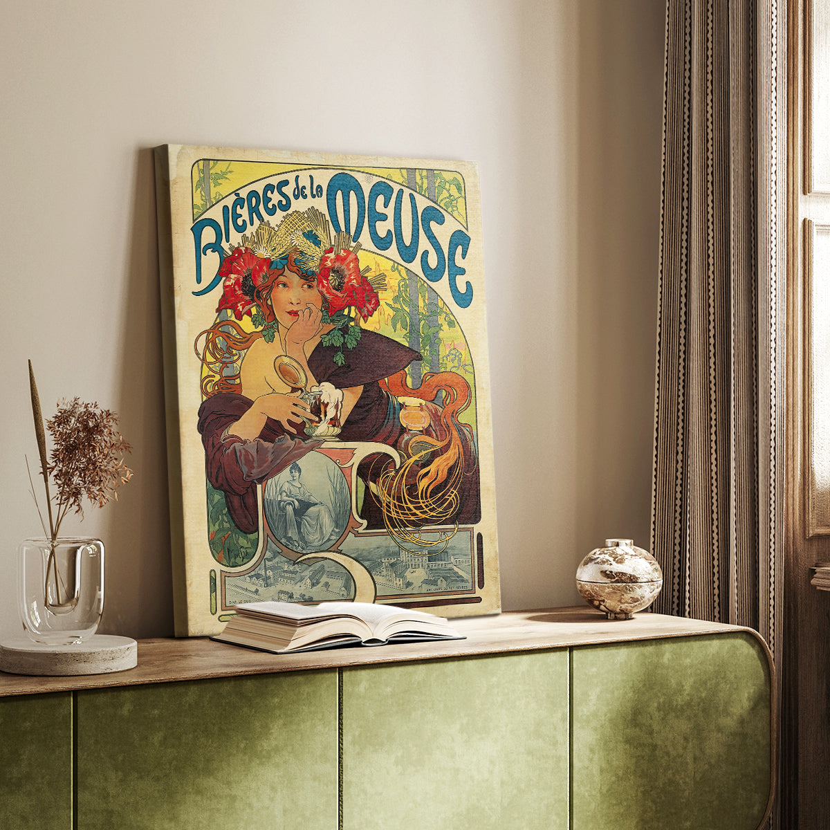 Canvas art print of a vintage advertisement featuring a stylized woman and decorative typography styled in a home decor setting.