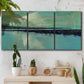 Three-panel canvas wall art featuring calm harbor water with glowing horizon, displayed in a boho-chic entryway above a console table.