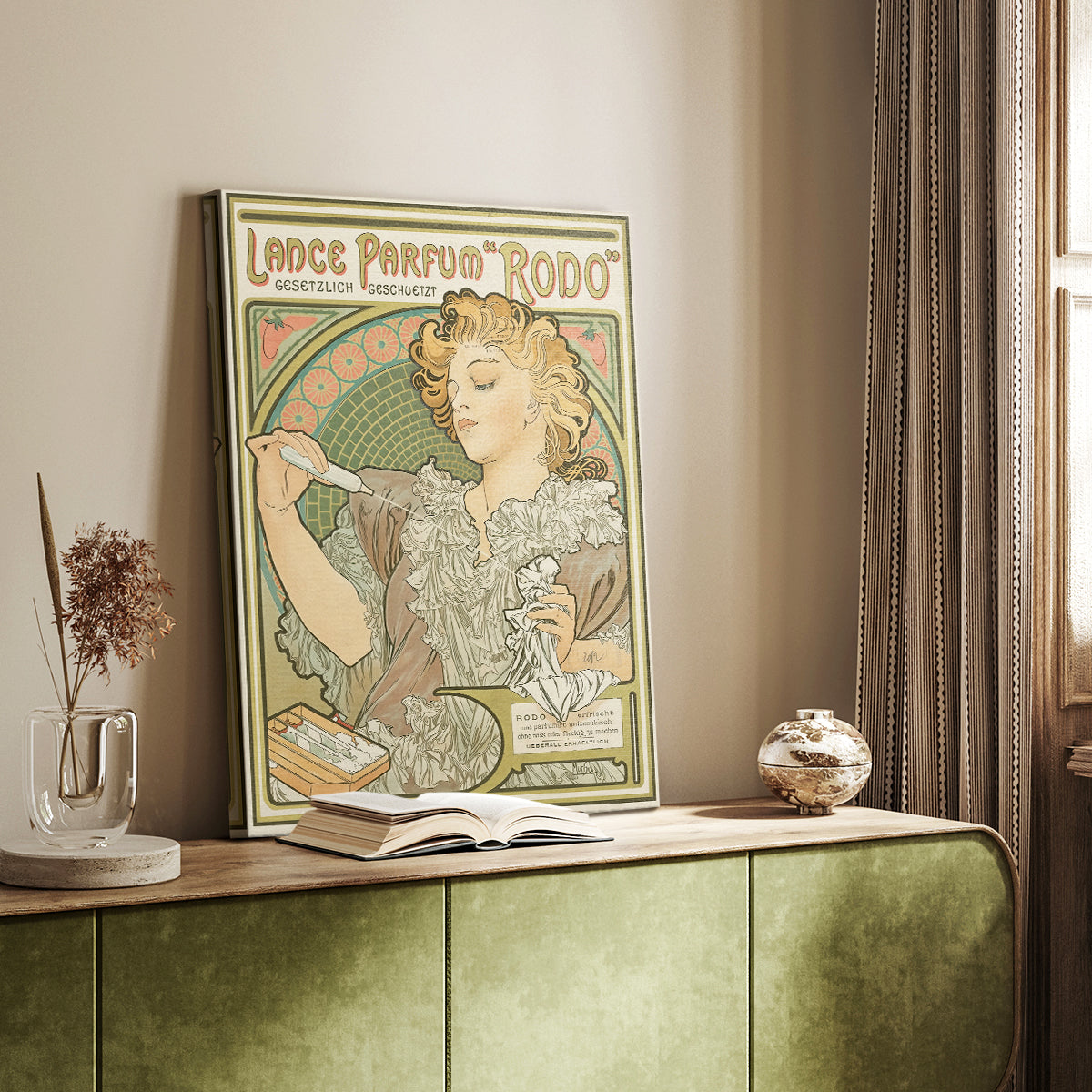 Canvas art print of a vintage advertisement featuring a woman with floral motifs and soft tones styled in a home decor setting.