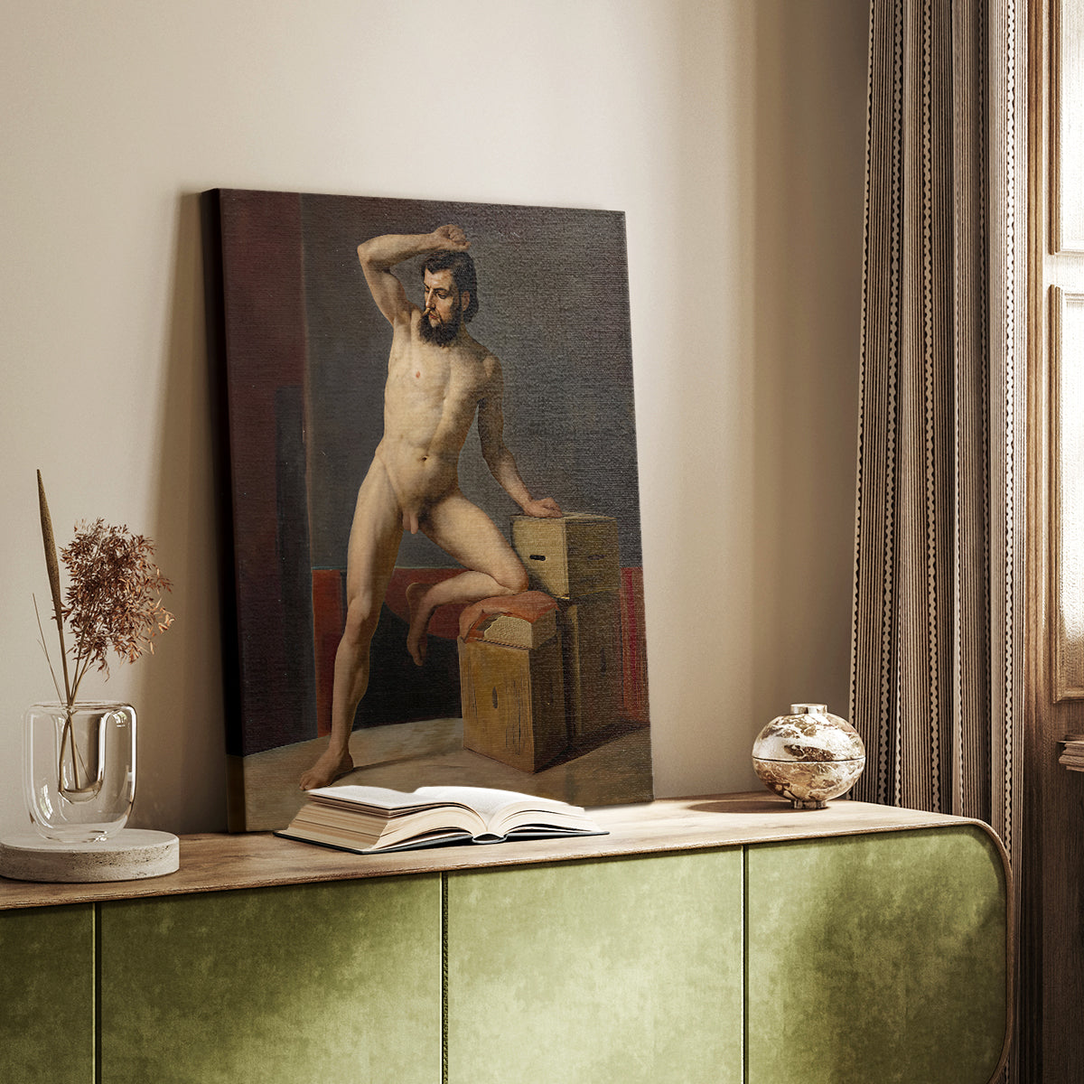 Canvas art print of a classical figure study with subtle shading and balanced posture styled in a home decor setting.