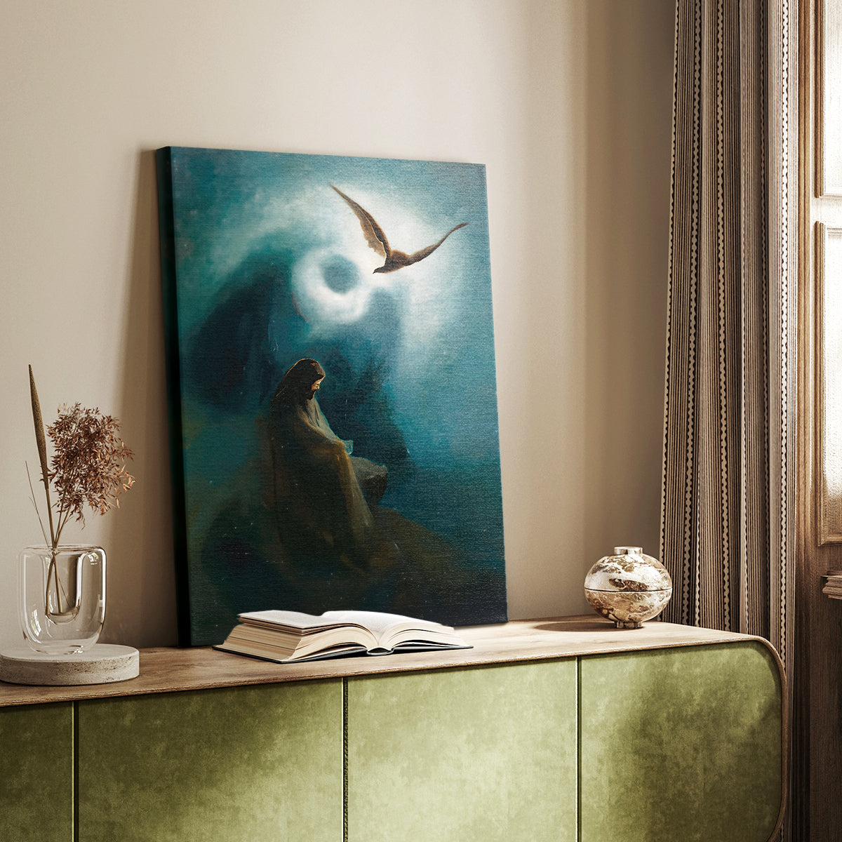 Canvas art print of a spiritual composition with dramatic pose and soft light styled in a home decor setting.