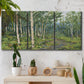 Three-panel canvas wall art featuring woodland forest scene with tall trees, displayed in a boho-chic entryway above a console table.
