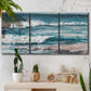 Three-panel canvas wall art featuring crashing ocean waves along shoreline, displayed in a boho-chic entryway above a console table.