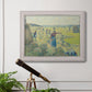 Impressionist rural hay harvest landscape by Camille Pissarro in an ornate weathered white frame displayed in a light-toned interior setting.
