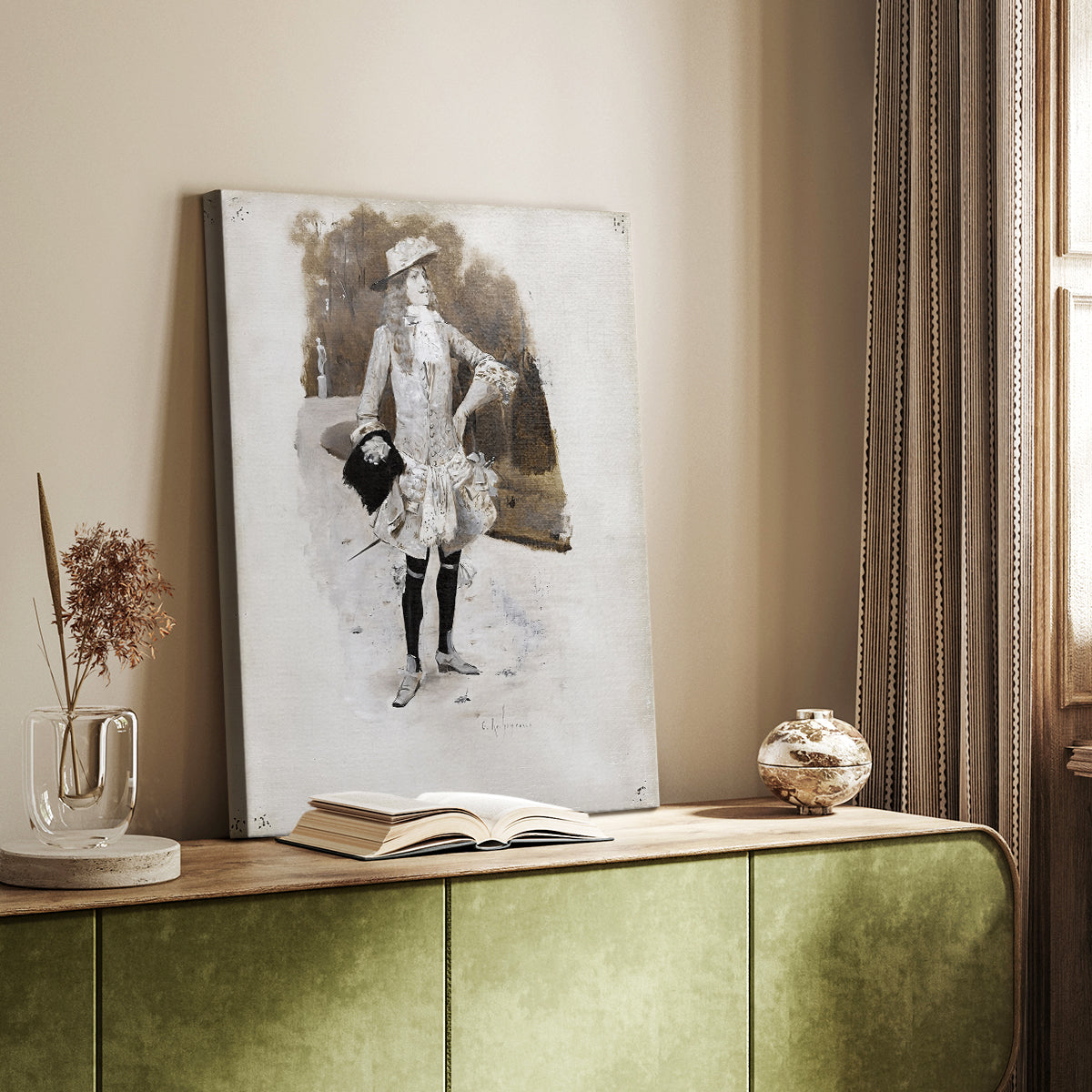 Canvas art print of a stylized male figure with clean lines and soft tones styled in a home decor setting.