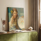 Canvas art print of a stylized figure holding an ornate dish with detailed motifs styled in a home decor setting.