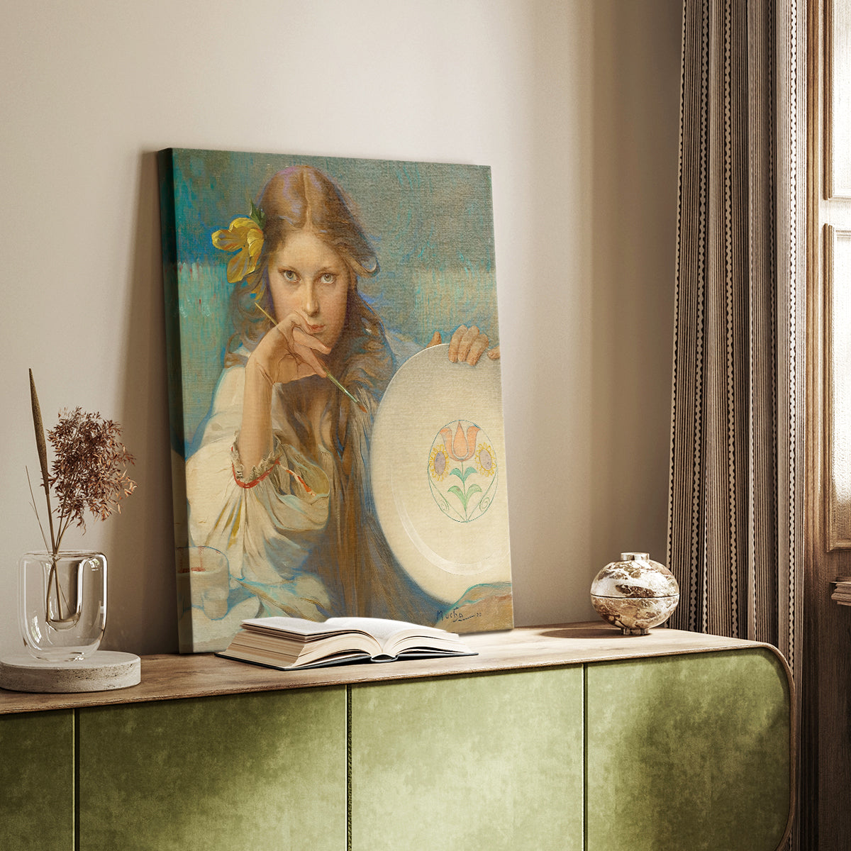 Canvas art print of a stylized figure holding an ornate dish with detailed motifs styled in a home decor setting.