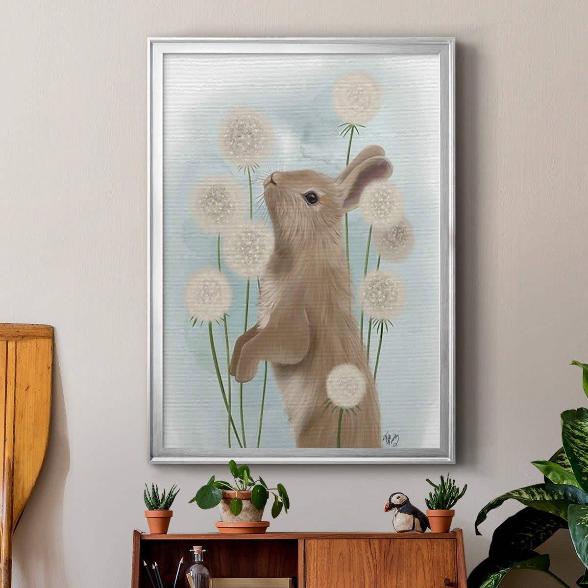 Rabbit In Dandylions - Modern Framed Canvas Print