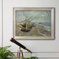 Impressionist coastal fishing boats scene by Vincent van Gogh in an ornate champagne frame displayed in a light-toned interior setting.