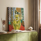 Canvas art print of a stylized figure with bright tones and patterned surroundings styled in a home decor setting.