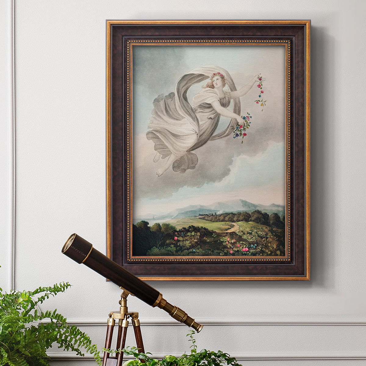 Classical allegorical depiction of the goddess Flora by Robert John Thornton in an ornate bronzed mahogany wood frame displayed in a light-toned interior setting.
