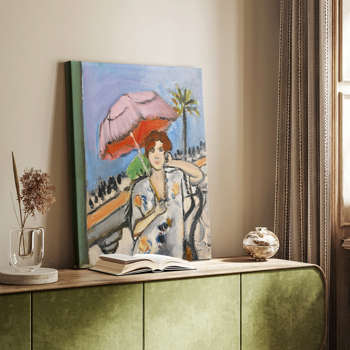 Canvas art print of a stylized figure with flowing lines and vivid tones styled in a home decor setting.