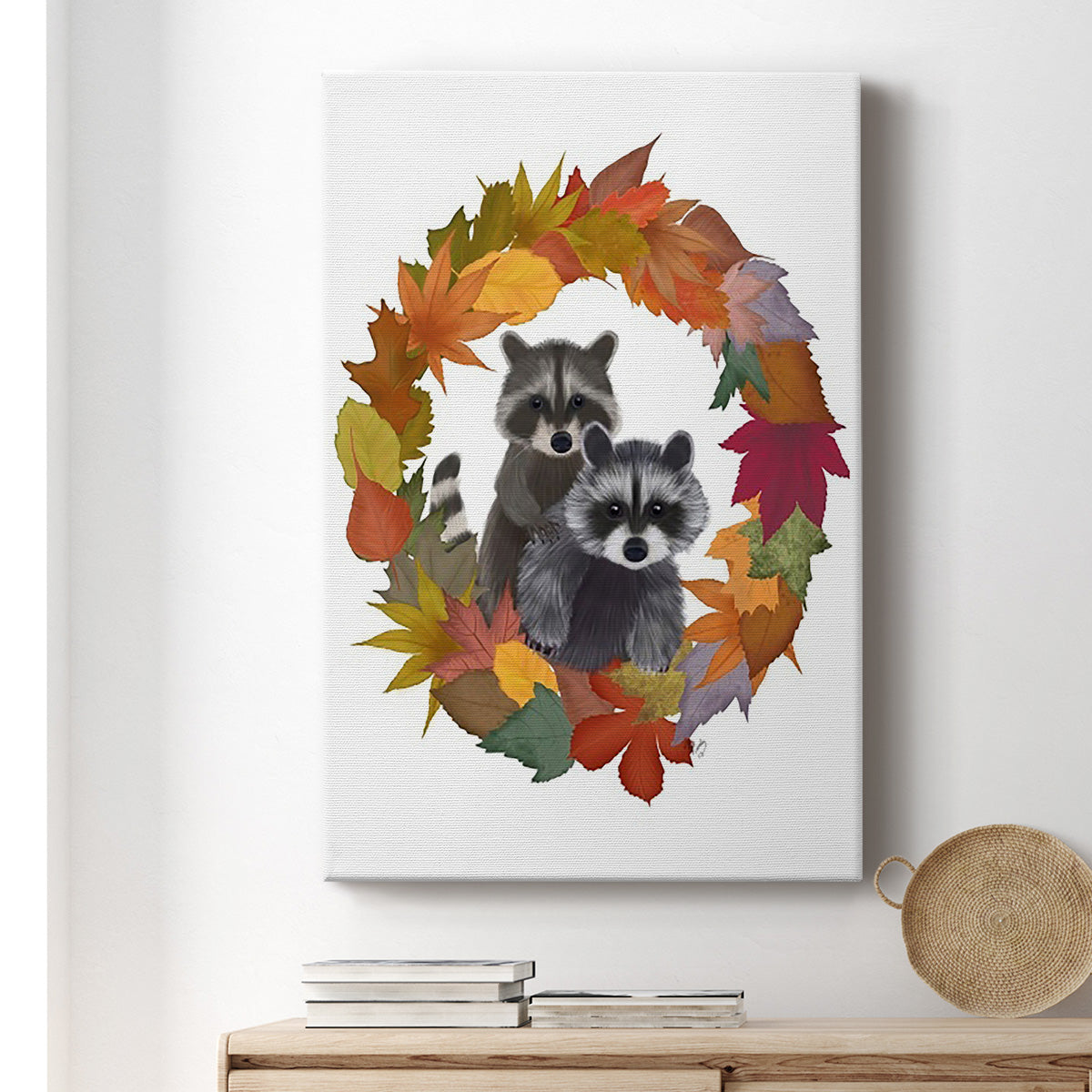 Raccoons Autumn Leaf Wreath - Canvas Art Print