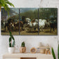 Three-panel canvas wall art featuring crowded horse fair scene, displayed in a boho-chic entryway above a console table.