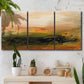 Three-panel canvas wall art featuring soft abstract evening light, displayed in a boho-chic entryway above a console table.
