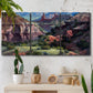 Three-panel canvas wall art featuring classic canyon landscape scene, displayed in a boho-chic entryway above a console table.