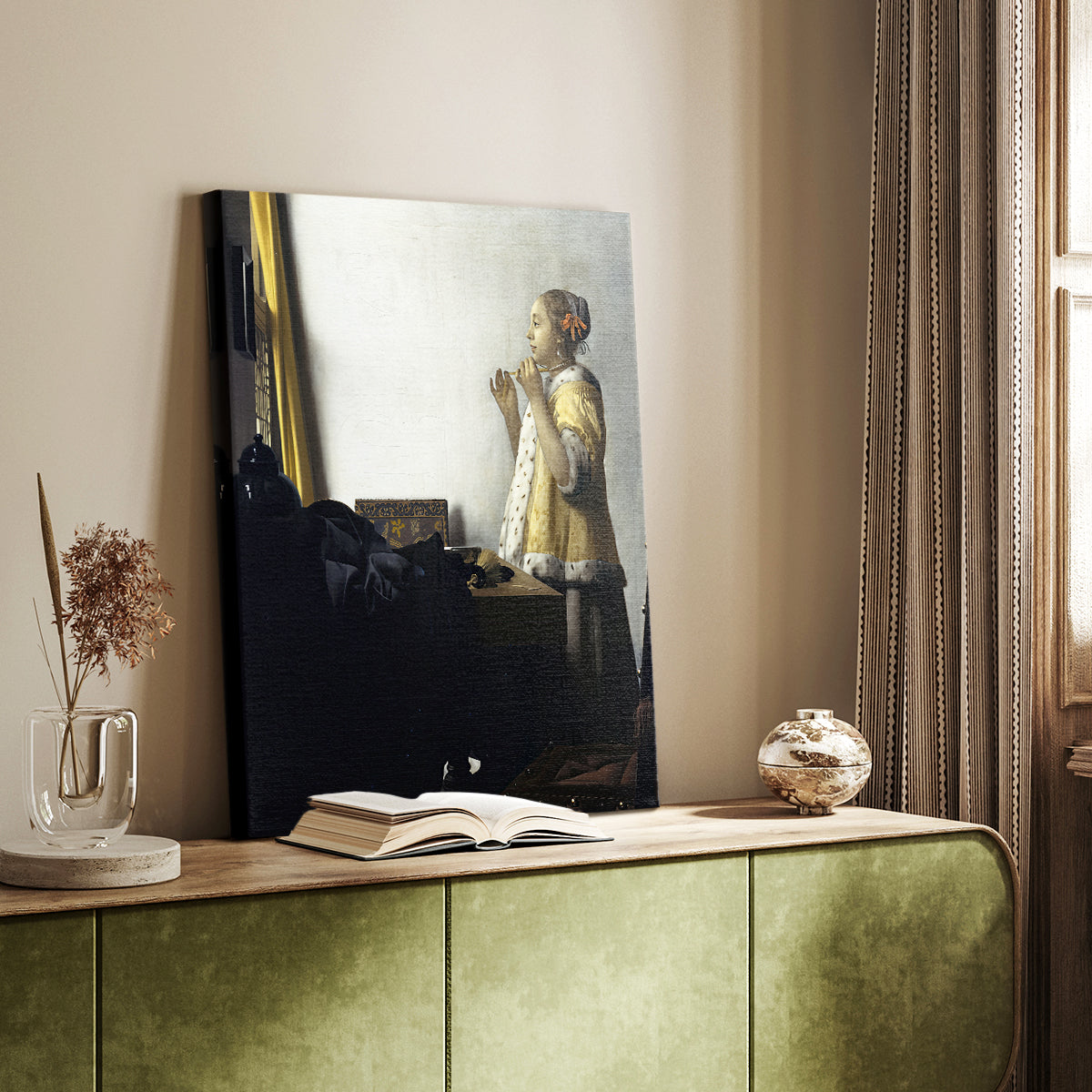 Canvas art print of a refined figure with subtle gesture and calm expression styled in a home decor setting.