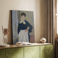 Canvas art print of a figure in a café setting with gentle tones and relaxed posture styled in a home decor setting.
