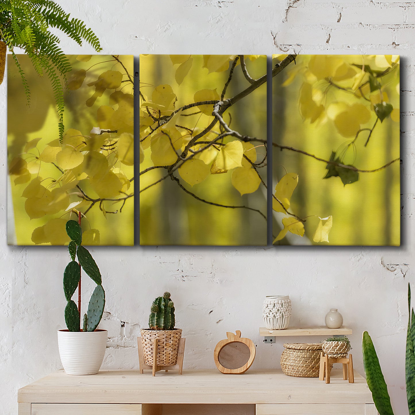 Three-panel canvas wall art featuring backlit aspen trees photograph, displayed in a boho-chic entryway above a console table.