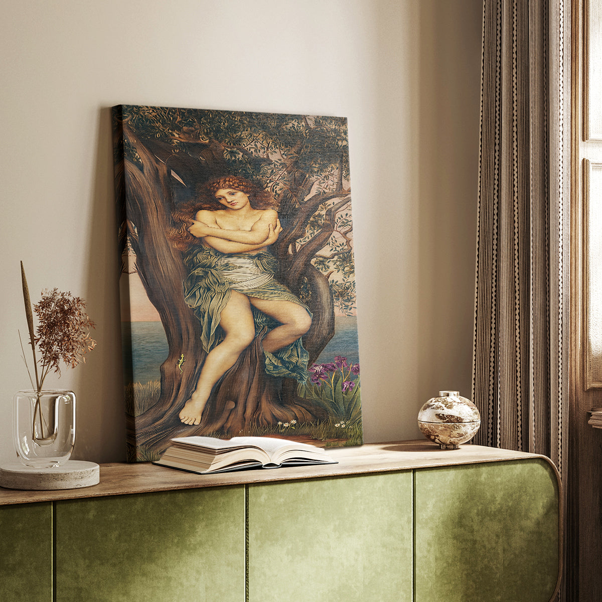Canvas art print of a mythic female figure intertwined with organic shapes styled in a home decor setting.