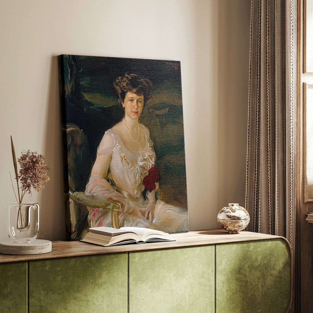 Canvas art print of a refined figure with elegant posture and luminous color styled in a home decor setting.