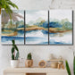 Three-panel canvas wall art featuring abstract blue watercolor landscape, displayed in a boho-chic entryway above a console table.