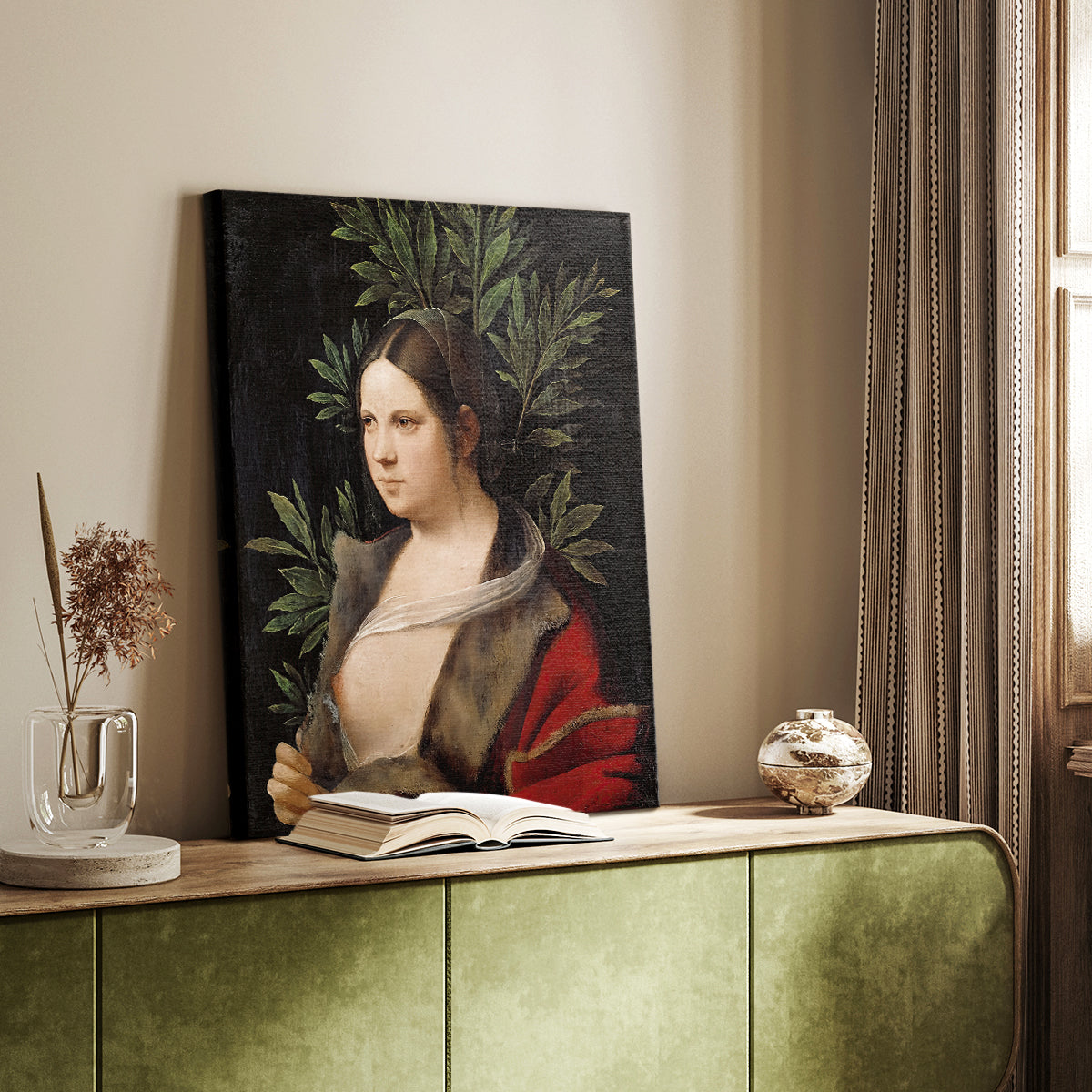Canvas art print of a refined female figure with smooth shading and calm expression styled in a home decor setting.
