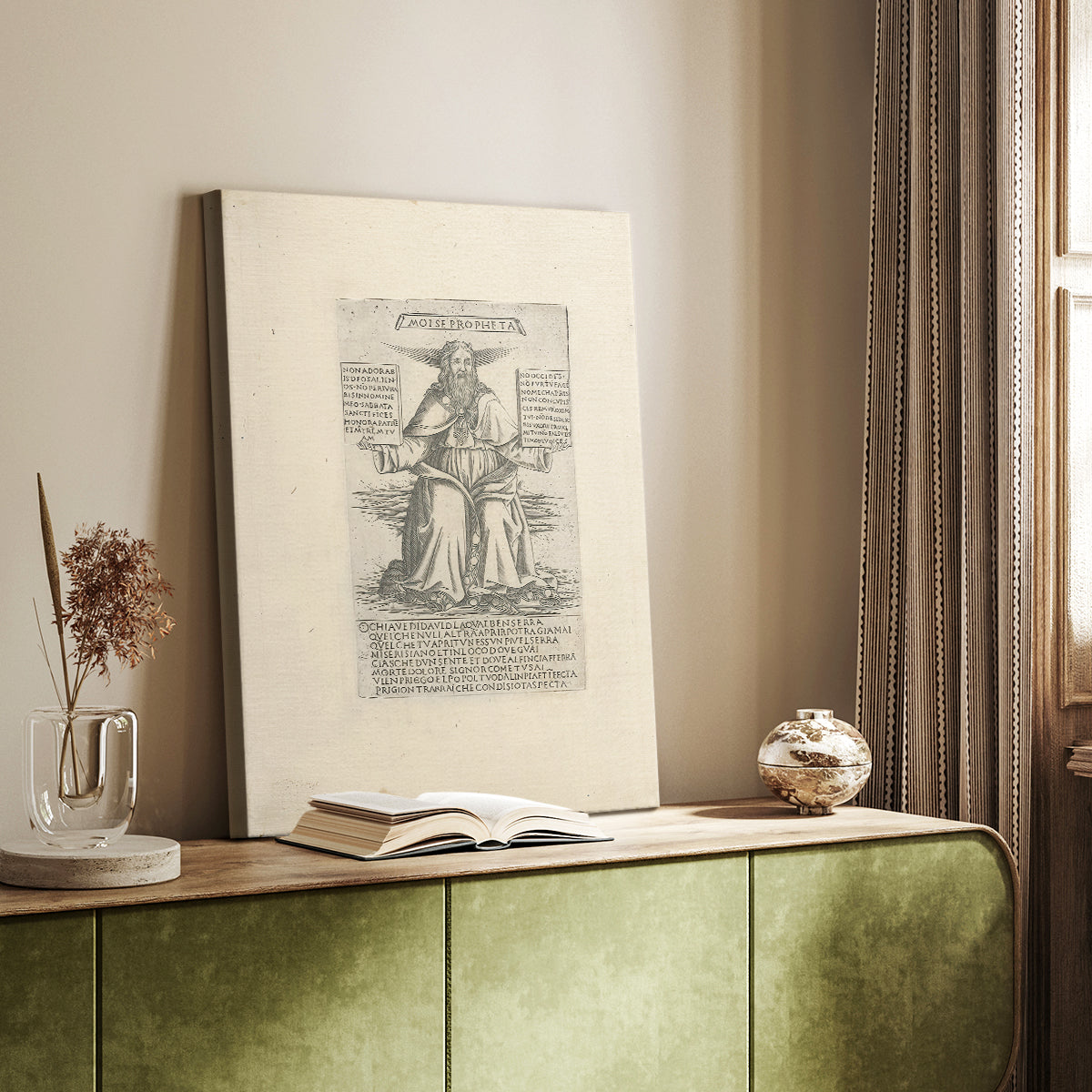 Canvas art print of a classical figure with strong outline and minimal background styled in a home decor setting.