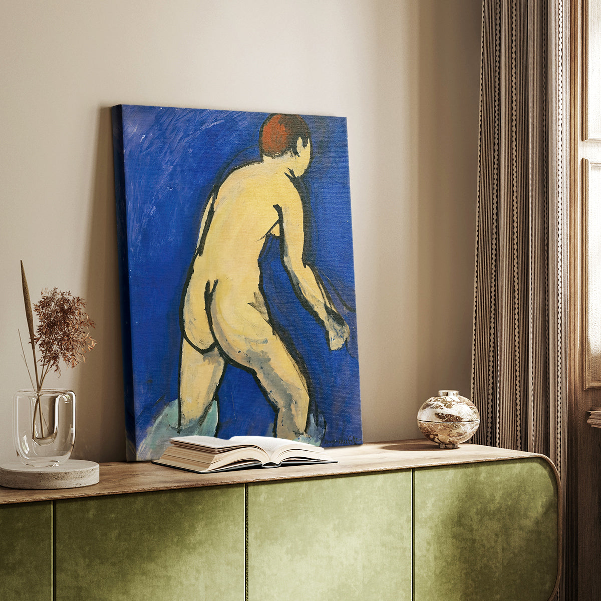 Canvas art print of a stylized body with smooth curves and vivid tones styled in a home decor setting.